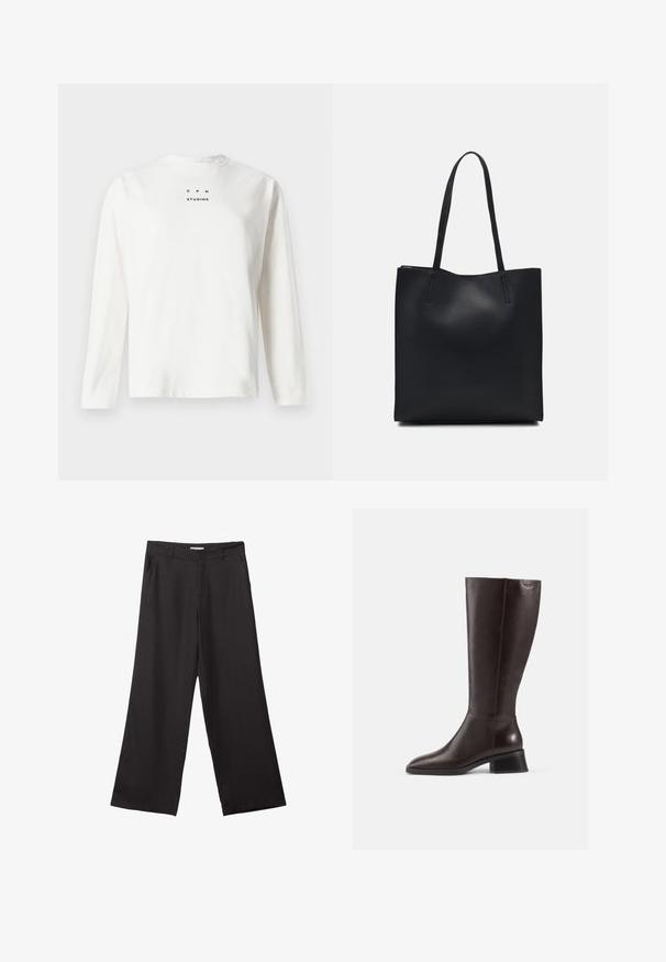 Bela majica z dolgimi rokavi iz bombaža, s krožnim izrezom in natisnjenim črnim besedilom "C P H STUDIOS" spredaj.; Črne široke hlače iz gladkega materiala, z sprednjim zadrgo in dvema stranskima žepoma, s prilagojenim krojem in minimalističnim dizajnom.; Rjav usnjeni škornji do kolen z gladko površino, zaobljenim nosom in črnim zloženim petam. Enostavna zasnova z minimalnimi kovinskimi detajli.; Črna usnjena torba s svilnato teksturo, pravokotne oblike in dvema dolgima ročajema. Brez vidnih metalnih delov ali okrasnih elementov.