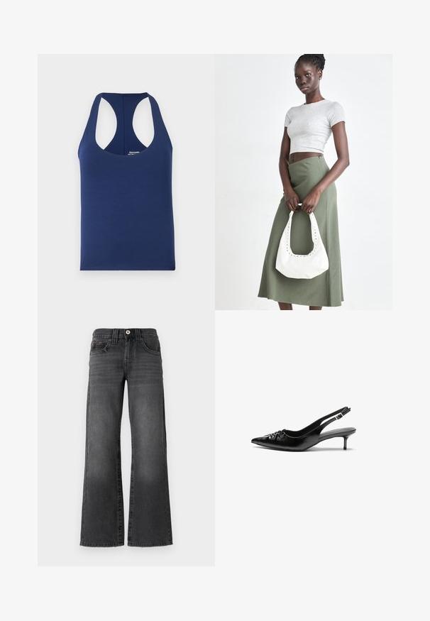 Tumed sinine ilma varrukateta T-särk, mis on valmistatud pehmest puuvillast. Omab ümmargust kaelust ja laiaid varrukakohti. Lihtne, liibuv disain ilma mustriteta.; Laial jalgevahega teksad tumedast hallist denimist. Omavad viit taskut, nööbi sulgemist ja kangal peent kulumist. Klassikaline õmbluste aktsent.; Musthave nahkased kõrged kontsad, millel on terav varvas, väike kitten-kont ja dekoratiivne sõlm ees. Ühtlane sile tekstuur.; Hallid hall pitsakene ja oliiviroheline kõrge vöökohtadega seelik. Mudel hoiab käes valget õlakotit, millel on lõikega detailid. Lihtne disain, vormiline siluett.