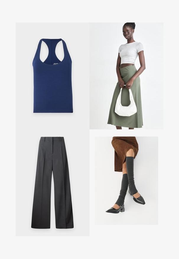Canotta senza maniche di colore blu navy realizzata in morbido cotone. Presenta un collo rotondo e fori per le braccia ampi. Design semplice e aderente senza motivi.; Pantaloni a gamba larga in tessuto grigio scuro, con vita alta, pieghe singole e una texture liscia con una finitura pulita sui orli.; Scarpe nere in pelle verniciata con punta affilata, tacco a blocco e cinturino alla caviglia, abbinate a scaldamuscoli grigi a coste e una gonna in suede marrone.; Top crop a coste grigio e gonna a vita alta verde oliva. Il modello tiene una borsa a spalla bianca con dettagli intagliati. Design semplice, silhouette aderente.