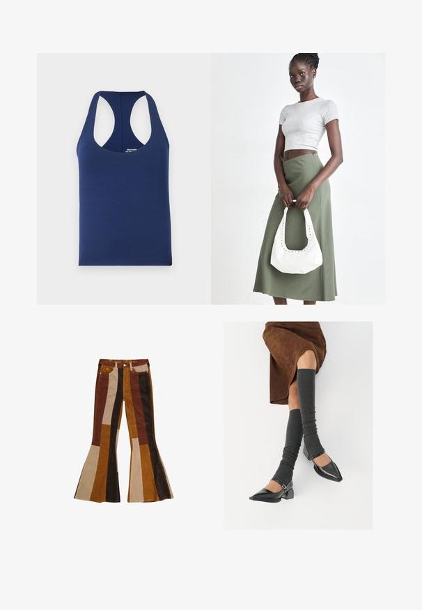 Marineblå ærmeløs tanktop lavet af blødt bomuld. Har en rund halsudskæring og brede armhuller. Enkel, tætsiddende design uden mønstre.; Slå-ud fløjlsbukser med stribet mønster i nuancer af brun, beige og guld, med lommer og farvet linning.; Sorte patenterede lædersko med spids tå, blokhæl og ankelrem, kombineret med grå ribbede benvarmere og en brun ruskinds nederdel.; Grå ribbet crop top og olivengrøn højhøjdet nederdel. Modellen holder en hvid skuldertaske med udskæringsdetaljer. Enkel design, tætsiddende silhuet.