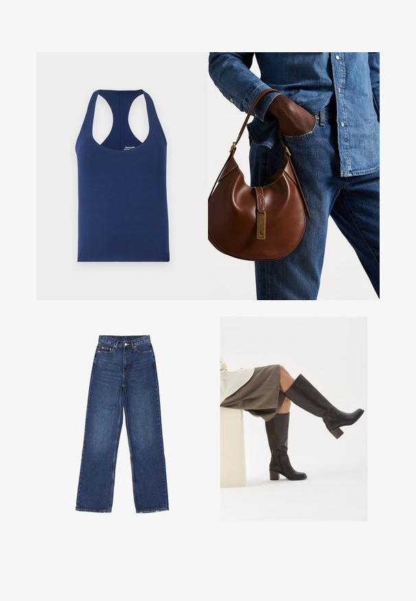 Marineblå ærmeløs tanktop lavet af blødt bomuld. Har en rund halsudskæring og brede armhuller. Enkel, tætsiddende design uden mønstre.; Bredde ben blå denim jeans med høj talje, der har en knaplukning, fem lommer og diskret falmning på stoffet.; Brune læder støvler til knæene med firkantet tå, kraftig hæl og sidelukning. Glat tekstur med en poleret overflade.; Brun læder hobo taske med en afrundet form, der har et guldhardware-element og kontraststing. Sammen med en denimskjorte og jeans.
