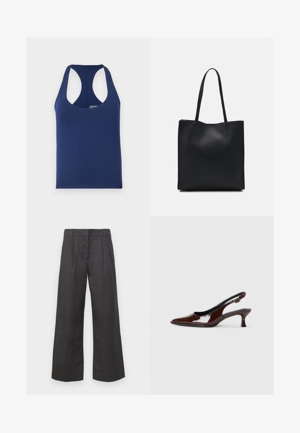 Navy blue sleeveless tank top made of soft cotton. Features a round neckline and wide armholes. Simple, fitted design with no patterns.; Wide-leg trousers in black fabric, featuring a high waist, front creases, and subtle pockets. Smooth texture with a clean finish.; Brown patent leather slingback shoe with a pointed toe and a moderate heel. Features a buckle strap for secure fit. Smooth texture.; Black leather tote bag with smooth texture, rectangular shape, and two long handles. No visible hardware or embellishments.