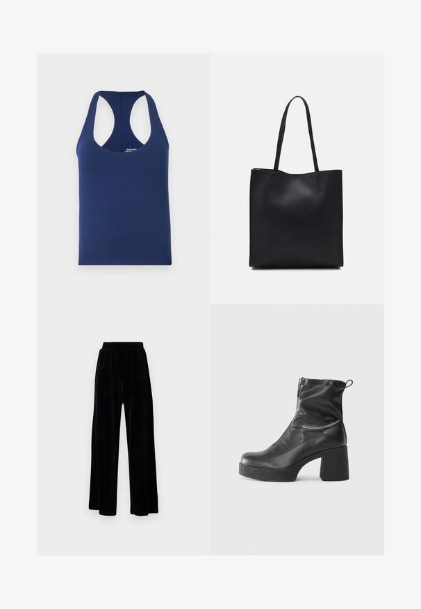 Maiou fără mâneci de culoare bleumarin, realizat din bumbac moale. Are un decolteu rotund și armholes largi. Design simplu, ajustat, fără modele.; Pantaloni negri cu picioare largi, din catifea moale, prevăzuți cu un corset elastic și o textură fină, fără detalii sau modele vizibile.; Bocanci negri de glezna din piele netedă, cu fermoar lateral, toc texturat și masiv, și design cu vârf rotund.; Geantă tote neagră din piele, cu textură netedă, formă rectangulară și două mânere lungi. Fără hardware vizibil sau ornamente.