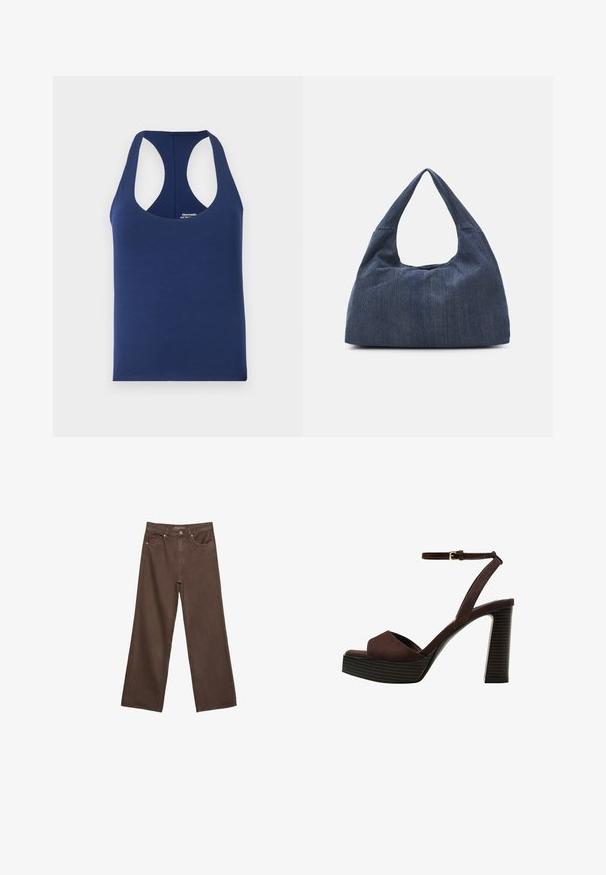 Mornaricu plavu majicu bez rukava od mekog pamuka. Ima okrugli izrez i široke rupu za ruke. Jednostavan, prilagođen dizajn bez uzoraka.; Proširene smeđe traperice od denima, s visokim strukom, prednjim džepovima i klasičnom kopčom na dugme. Glatka tekstura s suptilnim šavovima.; Smeđe zamšaste sandale s visokim potpeticama, otvorenim prstima, podesivom trakicom oko gležnja i prugastom platformom.; Tamna plava traper torba mekane, opuštene forme, s ručkom u stilu hobo i teksturiranom površinom. Nema vidljivih metalnih dodataka.