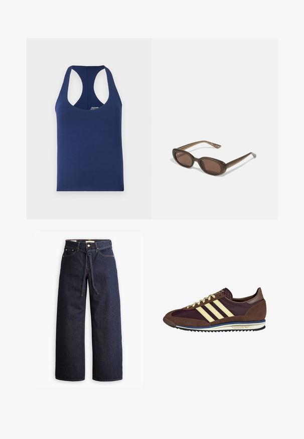 Navy blauwe mouwloze tanktop gemaakt van zachte katoen. Kenmerkt een ronde halslijn en brede armsgaten. Eenvoudig, aansluitend ontwerp zonder patronen.; Wijd pijpjes donkerblauwe denim jeans met een hoge taille, voorzien van een trekkoord, vijf zakken en contrasterende stiksels.; Bruine en bordeauxkleurige sneaker van suede en mesh materiaal, met drie crèmekleurige strepen, een gemêleerd stof op de tong en een rubberen zool.; Brown ovalen zonnebrillen met donkere lenzen. Het montuur is gemaakt van doorzichtig bruin materiaal en heeft een logo dat op de slapen is gedrukt.