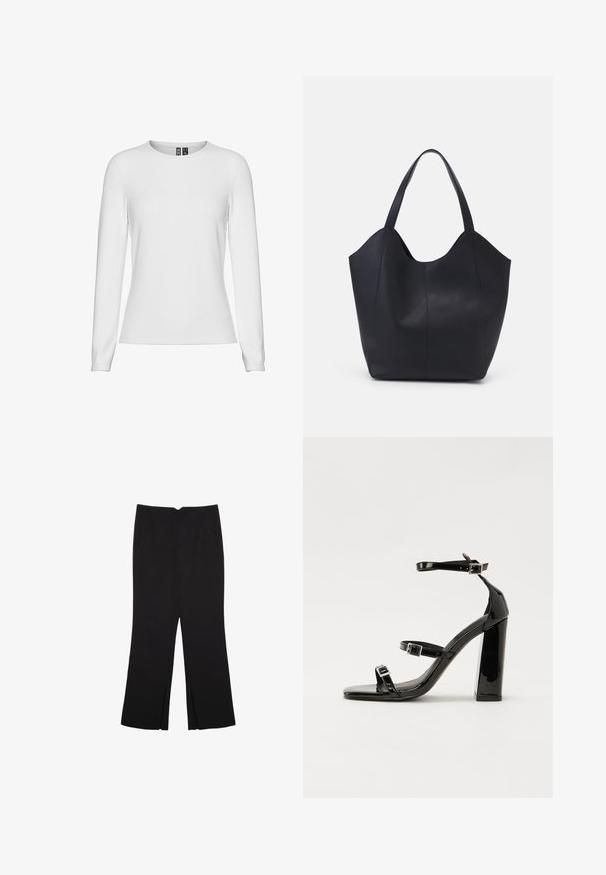 Bílá košile s dlouhým rukávem vyrobená z hladké bavlněné směsi. Má kulatý výstřih a přiléhavý střih s manžetami na rukávech.; Černé kalhoty s rovným střihem, s předními kapsami a bočními rozparky na lemu. Vyrobené z jemné, hladké tkaniny. Vhodné na různé příležitosti.; Černé lakované sandály na podpatku se čtveratou špičkou, lýtkovými pásky a stříbrnými přezkami. Disponují masivním blokovým podpatkem pro stabilitu.; Černá taška přes rameno vyrobená z hladké kůže, s zakřiveným, otevřeným vrchem a dvěma ramenními popruhy, s minimalistickým designem.