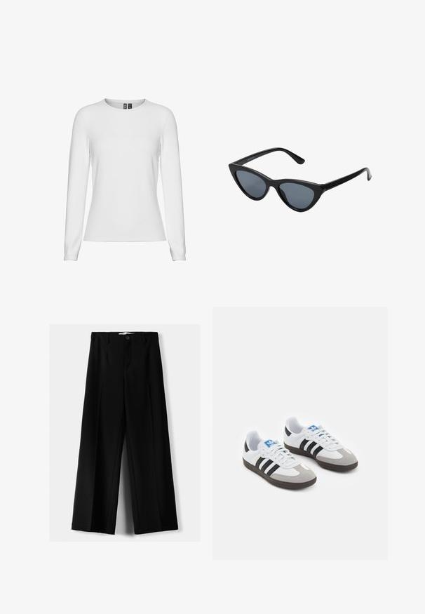 Weißes Langarmshirt aus glattem Baumwollmischgewebe. Mit Rundhalsausschnitt und taillierter Passform, mit Bündchen an den Ärmeln.; Schwarze weite Hosen aus leichtem Stoff, mit einem Knopfverschluss vorne und flachem Bund, mit sorgfältig genähten Säumen.; Sportschuhe mit einem Obermaterial aus weißem Leder, grauer Wildleder-Zehenkappe und drei schwarzen Streifen. Sie verfügen über ein blaues Logo auf der Zunge und eine strukturierte Gummisohle.; Schwarze Cat-Eye-Sonnenbrille mit dunkelgrauen Gläsern, schlankem Kunststoffrahmen, spitzen Ecken und geraden Bügeln. Keine sichtbaren Befestigungen oder Akzente.