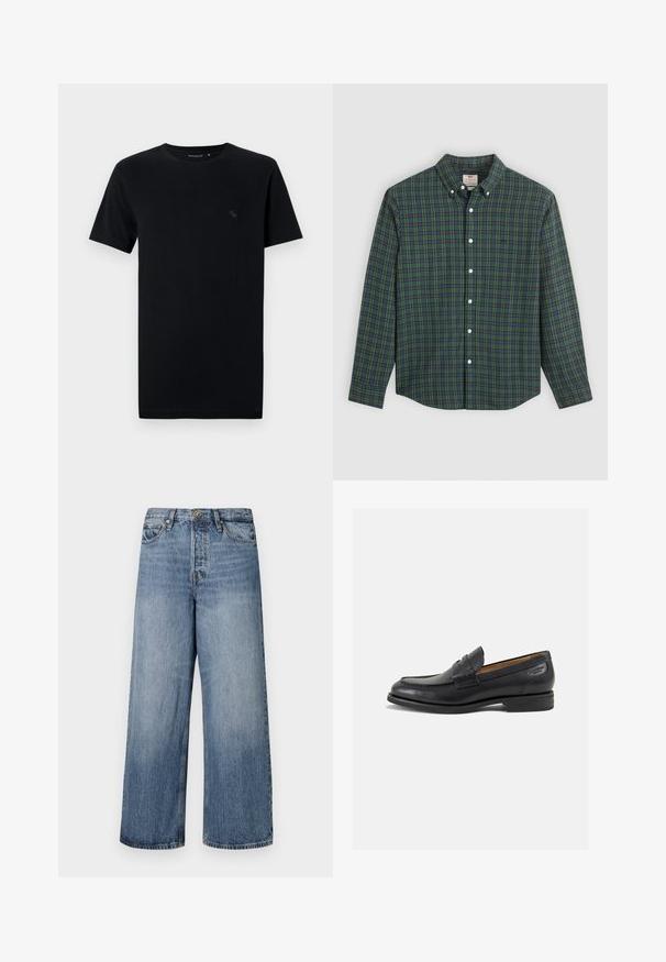 Czarna bawełniana koszulka z krótkim rękawem, okrągłym dekoltem, z małym, delikatnym logo w dopasowanym odcieniu na lewej piersi.; Koszula z długim rękawem, zapinana na guziki, w zielono-niebiesko-żółtą kratkę, z białymi guzikami i kołnierzykiem zapinanym na guziki.; Szerokie niebieskie dżinsy z przetarciami, pięcioma kieszeniami i zapięciem na guzik. Wyposażone w szlufki na pasek i przeszycia dekoracyjne.; Czarne skórzane mokasyny o gładkim wykończeniu, zaokrąglonym nosku i dekoracyjnym przeszyciu na cholewce. Niski, warstwowy obcas i delikatny połysk.