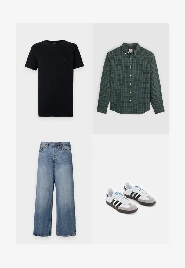 Must musta T-särk lühikeste varrukatega, ümmargune kaelus, millel on väike, diskreetne logo sobivas varjus vasakul rinna piirkonnas.; Pikend varrukatega nööbiga särk rohelise, sinise ja kollase ruudulise mustriga, valged nööbid ja nööbitud krae.; Laia siniste denimpükse, millel on pleekinud pesu, viie tasku disain ja nööbi sulgemine. Varustatud vööde jaoks silmadega ja õmblustega detailidega.; Spordijalatsid valge nahkpealsega, halli nubuk-naha otsaga ja kolme musta triibuga. Omab sinist logo keele peal ja struktureeritud kummitalda.