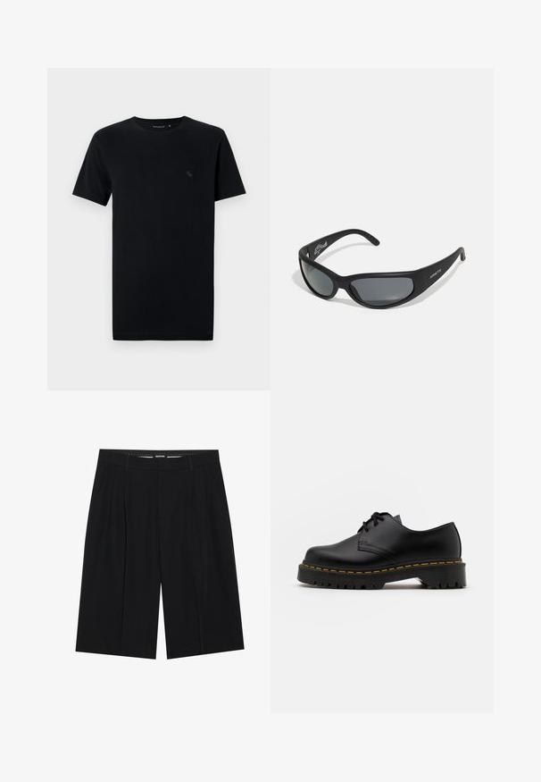 Černé bavlněné tričko s krátkým rukávem, kulatým výstřihem, s malým, decentním logem v odpovídající barvě na levé straně hrudi.; YOURTURN SUMMERISH SUIT TROUSERS UNISEX - Šortky - black; Černá kůže šněrovací boty s kulatou špičkou, texturovanou gumovou podrážkou a žlutým prošíváním kolem základny. Plný design a hladký povrch.; Černé sluneční brýle s zakřiveným rámem a tmavými skly. Mají matný povrch a na boku je uvedeno jméno značky "ARNETTE".