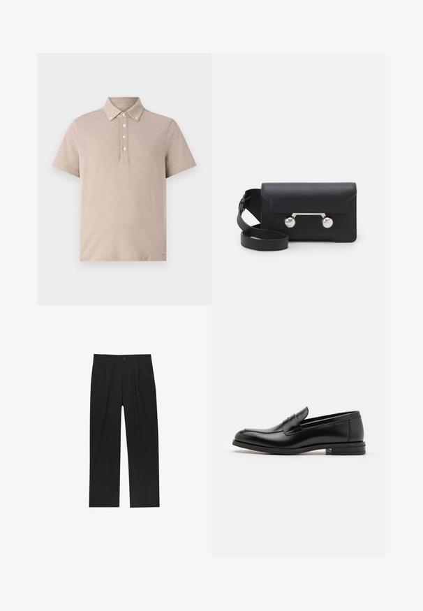 Béžová polokošeľa s krátkym rukávom vyrobená z texturovanej tkaniny. Obsahuje zapínanie na gombíky so piatimi gombíkmi a klasický dizajn goliera.; Čierne nohavice s rovnými nohavicami, vyrobené z hladkej tkaniny. Majú predné puky a jediné gombíkové zapínanie v páse.; Čierne kožené mokasíny s hladkou textúrou, zaoblenou špičkou a dekoračným pásikom cez priehlavok. Nízky vrstvený opätok, minimalistický dizajn.; Čierna kožená crossbody taška s klopovým uzáverom, strieborné nity a dve okrúhle ozdoby. Obsahuje odnímateľný popruh. Hladký povrch.; Strieborné štvorcové hodinky s bielym ciferníkom, čiernymi rímskymi číslicami a textom "WATER RESIST". Čierny kožený remienok s textúrovaným povrchom.