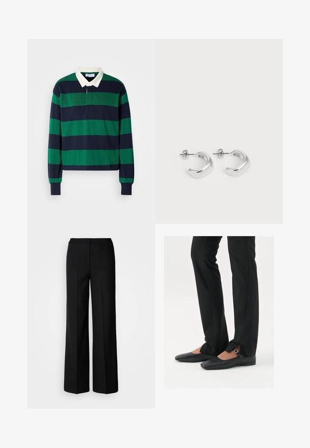 Pitkähihaine polo-paita, jossa on vihreät ja laivastonsiniset vaakasuorat raidat, valkoisella kauluksella ja nappilista. Valmistettu pehmeästä puuvillamateriaalista.; Mustat leveät housut, joissa on sileä kangas, korkea vyötärö, muotoillut saumat ja minimalistinen muotoilu. Ei näkyvää varustusta tai taskuja.; Musta nahkakengät balettityylillä, kärjessä terävä muoto, hihna hopeasoljella, yhdistetty mustiin räätälöityihin housuihin, joissa on halkiohelma.; Hope hopea, joissa on sileä ja kiillotettu pinta. Pyöreä muoto, jossa on hieman kaareva muotoilu ja sulautuvat reunat. Pinni kiinnitys.