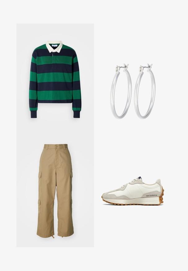 Polo majica dugih rukava s horizontalnim prugama u zelenoj i mornarskoj plavoj boji, s bijelim ovratnikom i dugmetima. Izrađena od mekanog pamučnog materijala.; Bež cargo hlače visokog struka, širokih nogavica i četiri velika bočna džepa. Napravljene su od izdržljivog materijala s glatkom teksturom i minimalnim detaljima.; Bijele i bež tenisice s glatkom kožnom gornjom površinom, suedenim akcentima, zaobljenim vrhom i teksturiranim gumiranim potplatom. Ime branda otisnuto je sa strane.; Srebrne kružne naušnice s glatkom, poliranom površinom. Okrugli oblik i sigurno kopčanje na klik. Lagani dizajn pogodan za svakodnevno nošenje.
