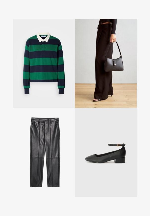 Hosszú ujjú pólóing zöld és sötétkék vízszintes csíkokkal, fehér gallérral és gombos lezárással. Puha pamut anyagból készült.; Fekete bőrnadrág sima textúrával, egyenes szabással, két elülső zsebbel és látható varrás részletekkel.; Fekete bőr magassarkú cipő hegyes orral és alacsony tömb sarkal. Bokapánttal rendelkezik, aranyszínű csattal. Simább textúra.; Fekete kézi táska strukturált formával, sima textúrával és fémből készült záródással. Széles fekete nadrággal és nyitott orrú szandállal párosítva, fából készült padlón.