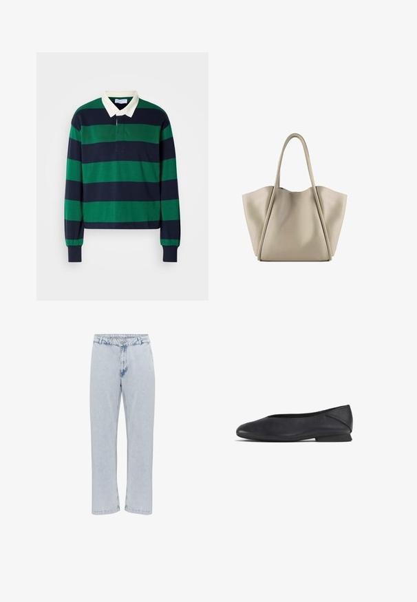 Langärmeliges Polohemd mit grünen und marineblauen horizontalen Streifen, ausgestattet mit einem weißen Kragen und Knopfleiste. Hergestellt aus weichem Baumwollmaterial.; Hellblaue Denim-Jeans mit geradem Bein, ausgestattet mit einem klassischen Knopf- und Reißverschluss und einer leicht abgetragenen Textur.; Schwarze Lederflats mit runder Zehenpartie und niedrigem Absatz, geeignet für Freizeit- oder formelle Anlässe.; Beige Leder-Shopper mit einem geräumigen, strukturierten Design. Verfügt über zwei lange Griffe und dezente Nähte; keine sichtbare Hardware.