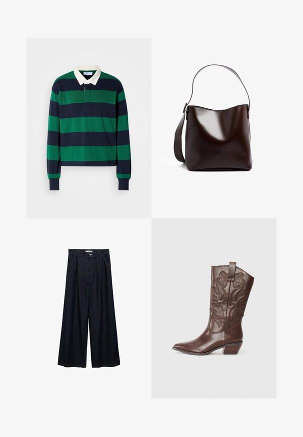 Koszula polo z długim rękawem w zielone i granatowe poziome paski, z białym kołnierzykiem i listwą na guziki. Wykonana z miękkiego materiału bawełnianego.; Ciemnoniebieskie spodnie o szerokich nogawkach z wysokim stanem, z zamknięciem na guzik z przodu, dwoma bocznymi kieszeniami oraz detalami w szwach.; Brązowy skórzany but kowbojski z ostrym czubkiem, ozdobnym przeszyciem na cholewce oraz niskim, zstackowanym obcasem. Gładka tekstura z polerowanym wykończeniem.; Brązowa skórzana torba na ramię o gładkiej, błyszczącej powierzchni. Posiada zaokrąglony górny brzeg i szeroki pasek. Prosty design bez ozdób.