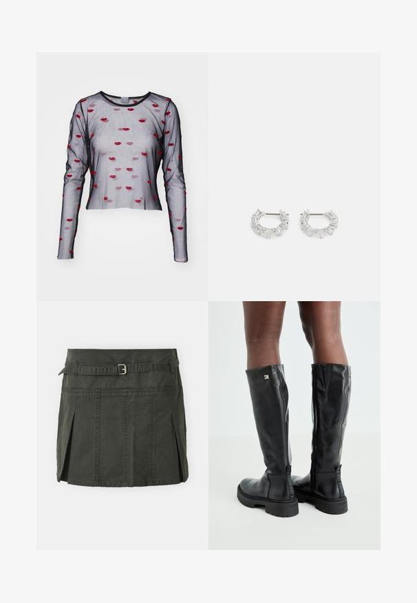 Skysta juoda ilgomis rankovėmis palaidinė su raudonos ir rožinės spalvos siuvinėtų lūpų raštais, apvaliu kaklu ir laisvu siluetu. Minkšta tekstūra ir lengvas audinys.; Tamsiai žalia medvilninė mini sijonas su prigludusia liemene, diržu ir priekinių klosčių detalėmis. Yra siuvinėjimo detalės ir klasikinis kirpimas.; Juodos iki kelių odinės botai su lygiu paviršiumi, apvaliu pirštu, stambiu padu ir užtrauktuku. Ant šono yra sidabrinė logo.; Sidabrinės auskarų kabliukų formos auskarai, papuošti aiškiais, stačiakampiais ir trikampiais kristalais, kurie išdėstyti raštuotu dizainu. Tvirtinimai, užtikrinantys saugų prilaikymą.