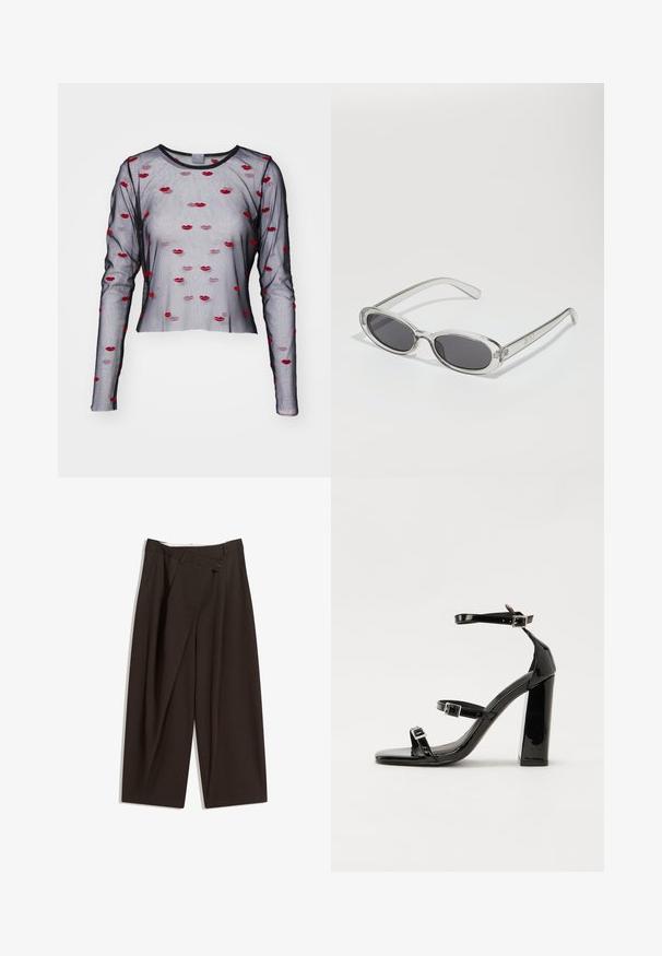 Haalja must pikkade varrukatega tipp punase ja roosa tikandiga huulte mustriga, ringja kaelusega ja lõdva lõikega. Pehme tekstuur ja kerge materjal.; Tummanruskeat leveälahkeiset housut, joissa on korkea vyötärö, yhden napin sulkea ja pleatattu etuosa. Valmistettu kevyestä kankaasta.; Musta kiiltävä korkokenkä sandaalit neliönmuotoisella varpaalla, nilkkaremmillä ja hopeisilla soljilla. Varustettu tukevalla lohkokorkealla vakauden takaamiseksi.; Aurinkolasit, joilla on soikea muoto, kirkas muovikehys, tummanharmaat linssit ja ohuet läpinäkyvät varret, joissa on logovihjeitä ja minimaalista yksityiskohtia.