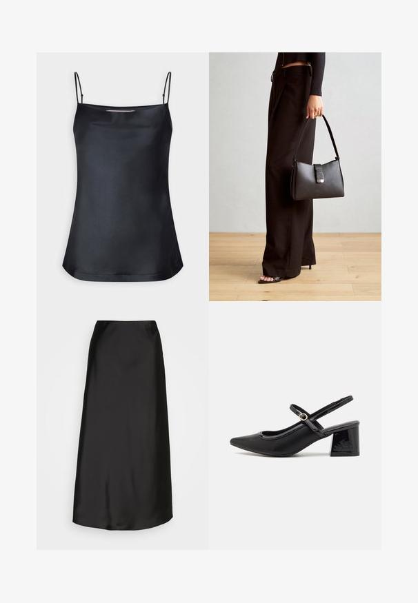 Čierny top s volánovým výstrihom a tenkými nastaviteľnými ramienkami. Obsahuje hladkú látku, voľný strih a jednoduchý dizajn bez ozdôb.; Čierna saténová midi sukňa so hladkou textúrou, do tvaru A a s jemným leskom. Má elegantný, jednoduchý dizajn bez ozdôb.; Čierne lakované kožené lodičky so slingback dizajnom, špicatou špičkou, zaobleným výrezom a blokovým podpätkom. Obsahuje akcent zlatého tónu s prackou.; Čierna kabelka so štruktúrovaným tvarom, hladkou textúrou a kovovou sponou. V kombinácii so širokými čiernymi nohavicami a sandálmi s otvorenou špičkou na drevenej podlahe.