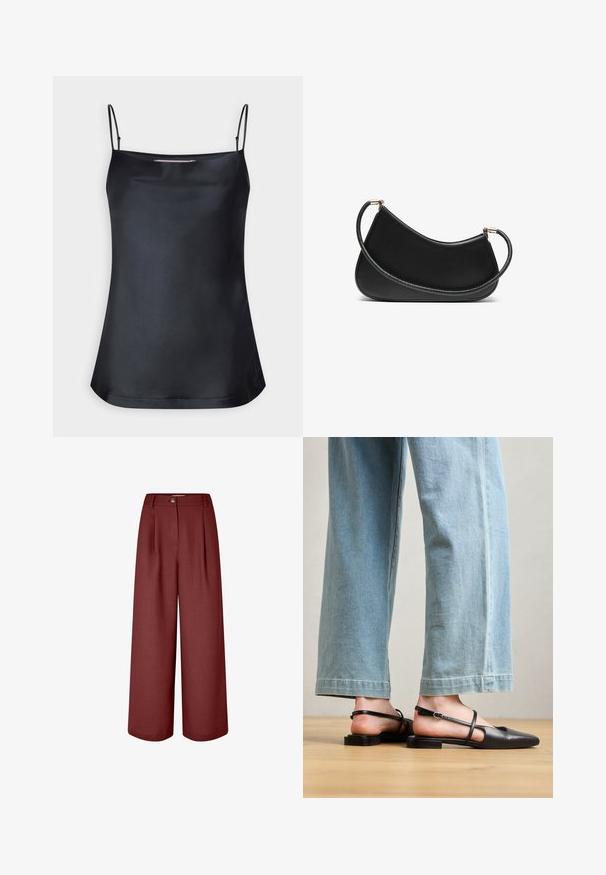 Svarte camiser med drapert halskant og tynne justerbare stropper. Har glatt stoff, løs passform og et enkelt design uten dekorasjoner.; Vide benbukser i en rik burgunderfarge, laget av glatt stoff. Har en midje, frontfolder og en enkelt knappelukking.; Sorte lærrem sko med spiss tå, flat hæl og ankelrem; brukt med lyseblå vide jeans.; Svart lær skulderveske med en buet design, med en teksturert stropp og gullfarget hardware på toppen av lukningen. Glatt finish.; Sett med gullfargede øredobber med ulike design, inkludert stikkere, hoops og hengende deler med perler og rhinestones.