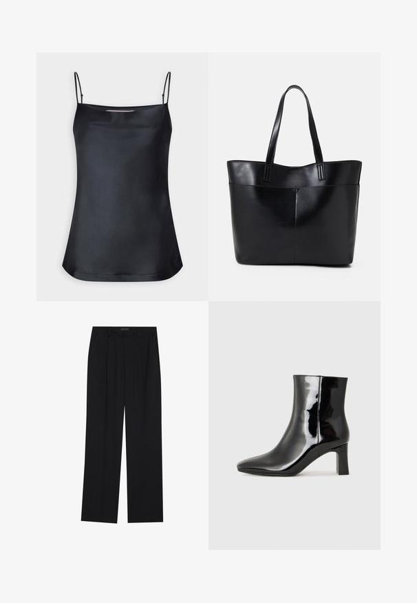 Melna kamzaka blūze ar kakla izgriezumu un plānām regulējamām siksniņām. Iespējamā gluda auduma, brīva piegriezuma un vienkārša dizaina bez rotājumiem.; Melni bikses ar taisnu kāju dizainu, kurām ir divi priekšējie kabatas un jostasvieta. Izgatavotas no gludas, vieglas auduma.; Melnas patentētas ādas potīšu zābaki ar norādītu pirkstu un vidēja augstuma kvadrātveida papēdi. Gluda tekstūra un minimālisma dizains.; Melnas ādas iepirkumu soma ar divām garām rokturām, gludu tekstūru un strukturētu formu. Iekļauj priekšējo kabatu papildu uzglabāšanai.