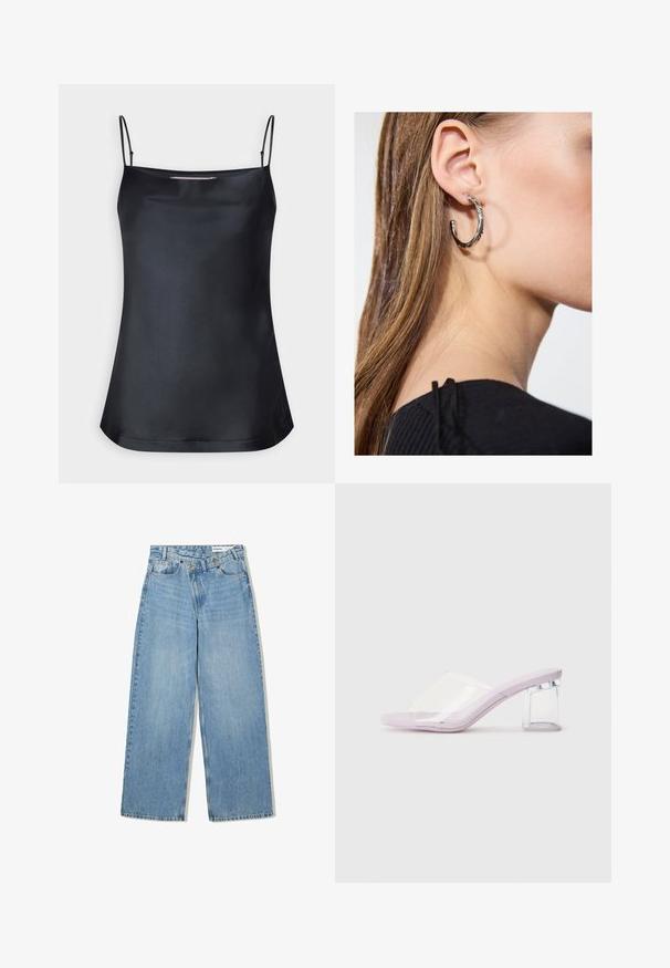 Mustat toppi, jossa on hollantilainen pääntie ja ohuet säädettävät olkaimet. Sisältää sileää kangasta, rentoa istuvuutta ja yksinkertaisen muotoilun ilman koristeluja.; Vaaleansiniset leveälahkeat farkut, joissa on korkea vyötärö, viisi taskua, nappikiinnitys ja hienovarainen kuluminen tekstuurin lisäämiseksi.; Violetit korkokengät, joissa on läpinäkyvä muovipäällinen ja läpinäkyvä palikkakorko. Suurella sileydellä, avonainen varvasmuotoilu, minimalistinen muoto.; Hopea renkaankorvakoru kiiltävällä pinnalla, jossa on pieniä kultaisia yksityiskohtia ja pyöreä muoto, käytetty korvalla.