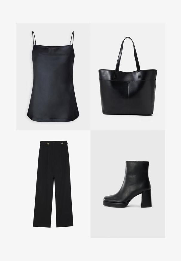 Czarna kamizelka z dekoltem typu cowl i cienkimi regulowanymi ramiączkami. Posiada gładki materiał, luźny krój oraz prosty design bez ozdób.; Czarne szerokie spodnie z wysokim stanem, z detalami w postaci guzików na pasku oraz plisami z przodu.; Czarne skórzane botki za kostkę z blokowym obcasem i platformą, widok z boku na białym tle.; Czarna skórzana torba na ramię z dwoma długimi uchwytami, gładką teksturą i sztywną formą. Posiada przednią kieszeń dla dodatkowego przechowywania.