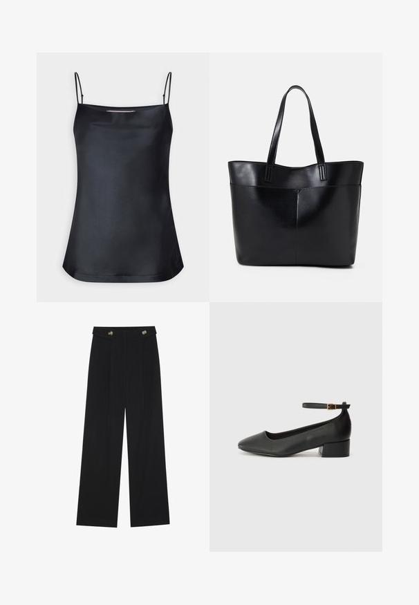 Camisola nera con scollatura a cappuccio e sottili spalline regolabili. Realizzata in tessuto liscio, ha una vestibilità comoda e un design semplice senza decorazioni.; Pantaloni neri a gamba larga con vita alta, dettagli con bottoni in vita e pieghe frontali.; Pump in pelle nera con punta affusolata e tacco basso a blocco. Presenta una cinghia alla caviglia con una fibbia in tonalità oro. Texture liscia.; Borsa a tracolla in pelle nera con due manici lunghi, una texture liscia e una forma strutturata. Presenta una tasca frontale per ulteriore spazio di archiviazione.