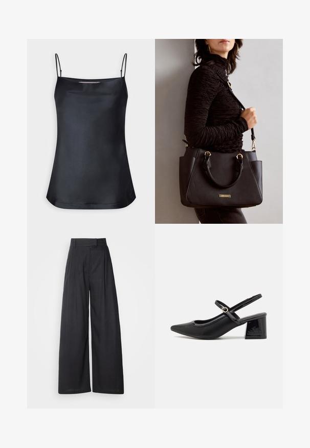 Schwarzes Camisole mit einem Cowl-Ausschnitt und dünnen, verstellbaren Trägern. Verfügt über einen glatten Stoff, einen lässigen Schnitt und ein einfaches Design ohne Verzierungen.; Dunkle, weit geschnittene Hosen mit strukturiertem Bund und Falten. Aus leichtem Stoff gefertigt, mit glatter Textur und ohne sichtbare Muster.; Schwarze Lackleder-Slingback-Absätze mit spitzer Zehenform, einem runden Ausschnitt-Design und einem Blockabsatz. Mit einem goldfarbenen Schnallenakzent.; Schwarze Handtasche mit strukturierten Oberflächen, doppelten Obergriffen und verstellbarem Schultergurt. Mit goldfarbener Hardware und Seitentaschen.