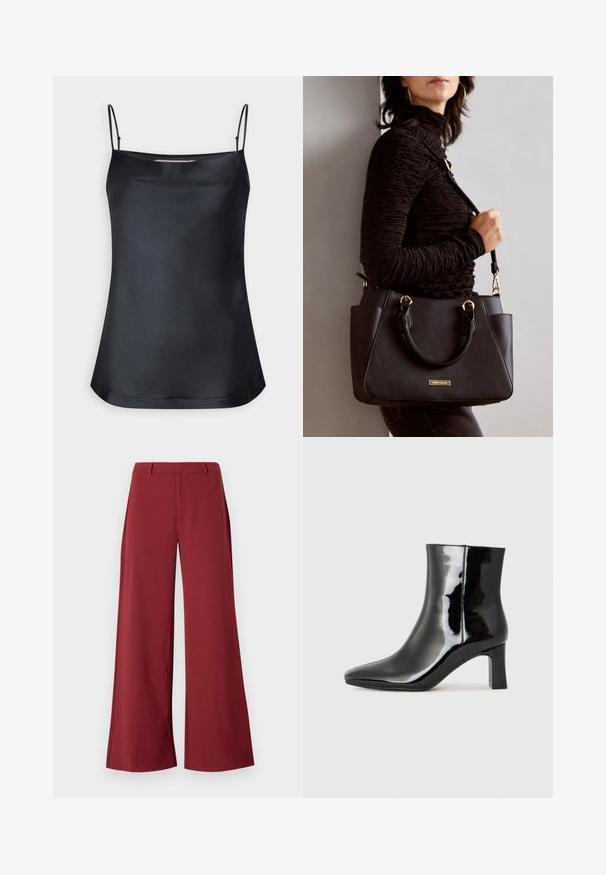 Camisola nera con scollatura a cappuccio e sottili spalline regolabili. Realizzata in tessuto liscio, ha una vestibilità comoda e un design semplice senza decorazioni.; Pantaloni a gamba larga in un profondo colore bordeaux. Realizzati in un tessuto liscio ed elastico con cuciture sartoriali e chiusura con zip anteriore.; Stivaletto in pelle verniciata nera con punta a punta e tacco a blocco di altezza media. Texture liscia e design minimalista.; Borsa nera con superficie texturizzata, manici superiori doppi e tracolla regolabile. Dotata di hardware color oro e tasche laterali.