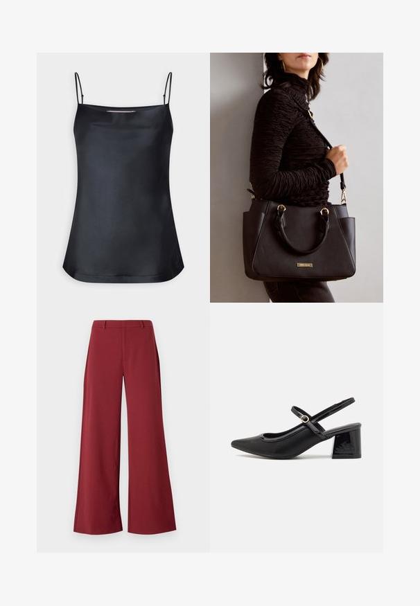 Black camisole with a cowl neckline and thin adjustable straps. Features smooth fabric, relaxed fit, and a simple design without embellishments.; Wide-leg trousers in a deep burgundy color. Made from a smooth, stretchy fabric with tailored seams and a front zip closure.; Black patent leather slingback heels with a pointed toe, a rounded cutout design, and a block heel. Features a gold-tone buckle accent.; Black handbag with textured surface, dual top handles, and adjustable shoulder strap. Features gold-tone hardware and side pockets.