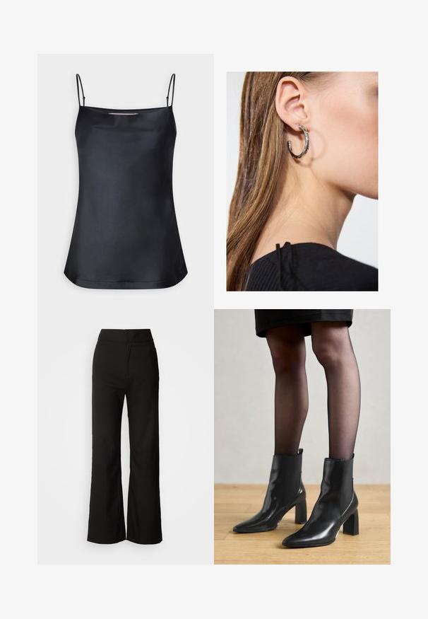 Top negru cu guler cowl și bretele subțiri, ajustabile. Dispune de un material neted, croială lejeră și un design simplu, fără ornamente.; Pantaloni negri cu croi larg, dintr-o textură netedă, cu talie înaltă și un design simplu. Fără buzunare vizibile sau embellishments.; Botine negre din piele, cu vârful ascuțit, toc pătrat masiv și un design elegant. Au panouri laterale elastice pentru o îmbrăcare ușoară.; Cercel din argint cu un finisaj polișat, având detalii mici din aur și o formă rotundă, purtat pe lobul urechii.