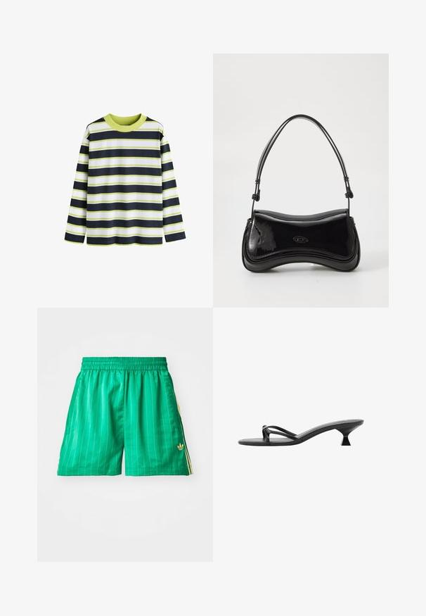 Langermige gestreepte shirt met horizontale strepen in marineblauw, wit en limoengroen. Ribgebreide halslijn, zachte katoenen stof, ontspannen pasvorm.; Groene sportshorts met witte verticale strepen, elastische tailleband en gele zijkanten. Bevat een klein gouden logo aan de onderzijde links.; Zwarte hoge hakken sandalen met een elegant ontwerp, dunne bandjes en een unieke driehoekige hak. Glad textuur met een minimalistische uitstraling.; Zwarte laarzen van patentleer met een gebogen vorm, een enkele handgreep en een ronde bodem. Beschikt over een subtiele logodetail aan de voorkant.