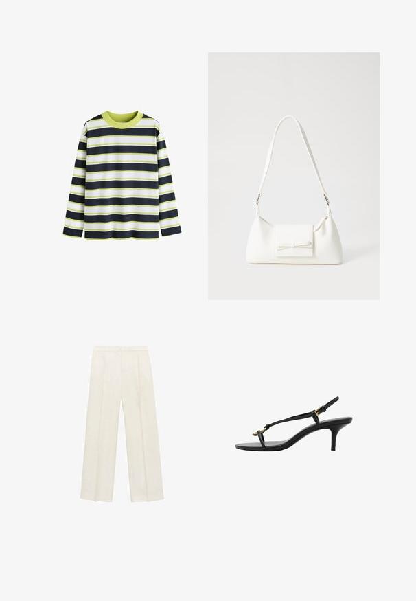 Long-sleeve striped shirt featuring navy, white, and lime green horizontal stripes. Ribbed neckline, soft cotton fabric, relaxed fit.; Wide-legged trousers in a light cream color. Made from a smooth fabric with pleats at the front and side pockets.; Black leather kitten heel sandal with thin straps, gold buckle, and minimalist toe loop on a white background.; White synthetic handbag with a triangular shape, flat front flap and bow detail, adjustable strap, smooth texture, and minimalistic design.
