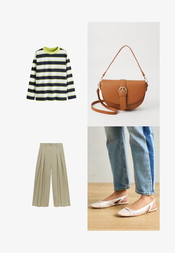 Hedvábná košile s dlouhým rukávem se středně modrými, bílými a limetkově zelenými vodorovnými pruhy. Hladký límec, příjemná bavlněná látka, volný střih.; Mango Kalhoty - light green; Světle růžové slingback baleríny s špičatou špičkou, vyrobené z hladkého koženému materiálu. Obsahují vystřihovací detaily po stranách a plochý podpatek.; Hnědá kožená křížová taška s zakřiveným tvarem, zlatými detaily a akcentem s přezkou. Obsahuje odnímatelný popruh na rameno.
