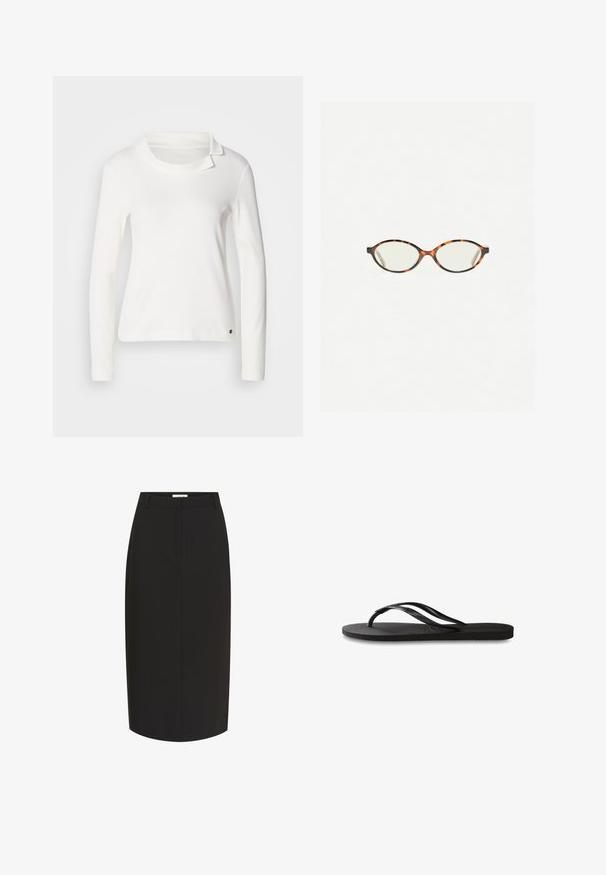 White long-sleeve top with a boat neck and a folded collar detail. Made of soft fabric with a smooth texture. Small logo accent at the hem.; Black pencil skirt made from smooth fabric, featuring a fitted silhouette, knee-length design, and front slit pockets.; Black flip-flop featuring a textured rubber sole, two slender straps, and a subtle, embossed logo detail on the strap.; Tortoiseshell eyeglasses with oval lenses and a sleek, smooth finish. Features thin sides with a subtle curve at the temples. Clear lenses.