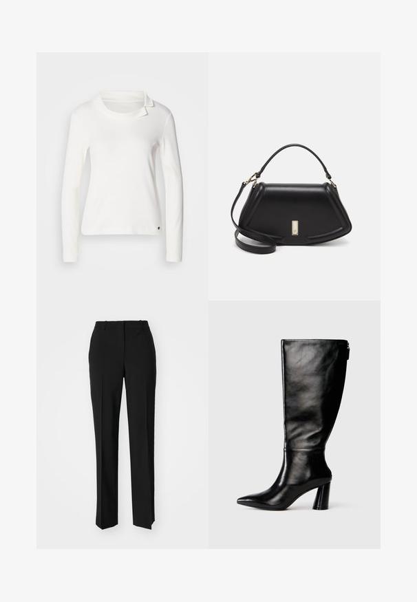 Blusa blanca de manga larga con un escote barco y un detalle de cuello doblado. Está hecha de una tela suave con una textura lisa. Pequeño logo en el dobladillo.; Pantalones negros ajustados con un diseño de pierna recta, que presentan una textura suave y pliegues nítidos en el frente. Sin herrajes visibles.; Bota de cuero negro hasta la rodilla con punta afilada, textura suave y un tacón grueso. Presenta un detalle de cremallera en la parte de atrás.; Bolso de mano de cuero negro con un diseño estructurado, que presenta una forma recortada, asa superior y acentos en dorado. Correa de hombro ajustable incluida.