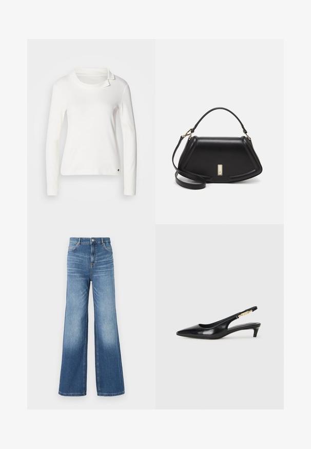 White long-sleeve top with a boat neck and a folded collar detail. Made of soft fabric with a smooth texture. Small logo accent at the hem.; Light blue denim wide-leg jeans with a high waistband, featuring five pockets, belt loops, and a subtle fade effect towards the hem.; Black leather slingback heels with a pointed toe, featuring a slim heel and a gold-tone accent on the adjustable strap. Smooth texture.; Black leather handbag with a structured design, featuring a cropped shape, top handle, and gold hardware accent. Adjustable shoulder strap included.