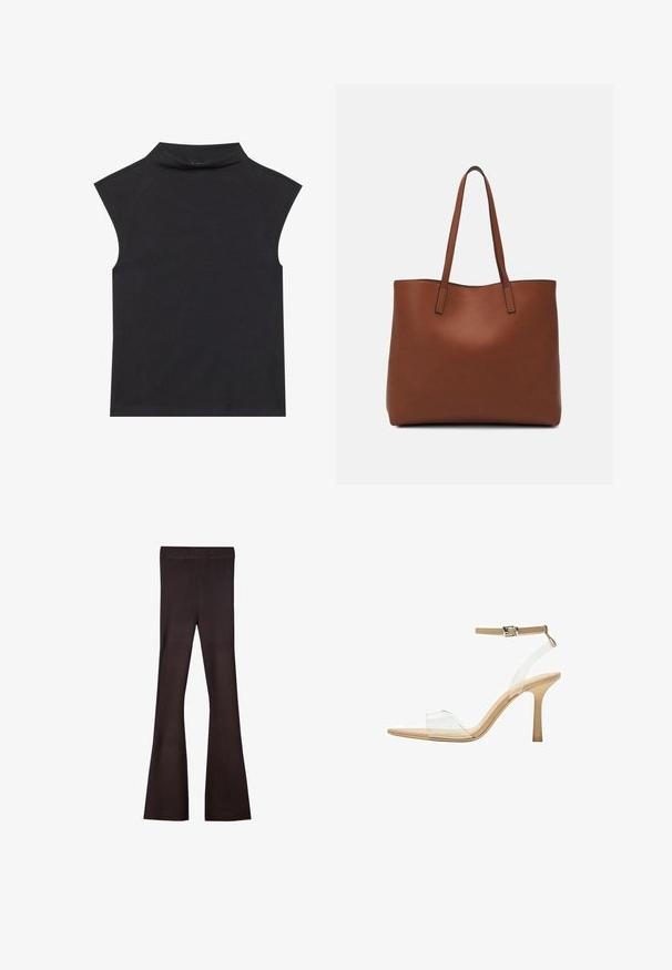Musta hihaton toppi korkealla kauluksella, valmistettu pehmeästä kankaasta. Ominaisuuksiin kuuluvat raapareunat ja vartalonmyötäinen muoto, ilman näkyviä kuvioita tai koristeita.; Bershka Housut - dark brown; Kirkas korkokenkä läpinäkyvällä varrella, beigellä pohjalla ja hoikalla nilkkahihnalla. Ominaisuuksiin kuuluu terävä kärki ja ohut korkea korko.; Ruskea nahkainen olkalaukku, jossa on sileä pinta, avoin yläosa ja kaksi olkahihnaa. Omaavat vain minimaalisen ompelun eikä näkyvää metalliosaa.