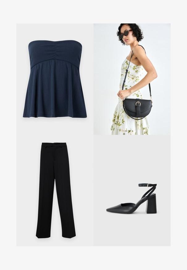 Navy blue strapless top with a fitted bodice and a flared lower half, featuring a textured ribbed pattern and soft fabric.; Black wide-leg trousers made of smooth fabric, featuring a classic waistband with a button closure and front pleats.; Black leather pointy-toe pump with an ankle strap and a chunky heel. Flat texture, sleek design, and minimalistic aesthetics.; Black leather handbag with a curved shape, detachable strap, and gold hardware. The bag features a flap with a buckle detail.