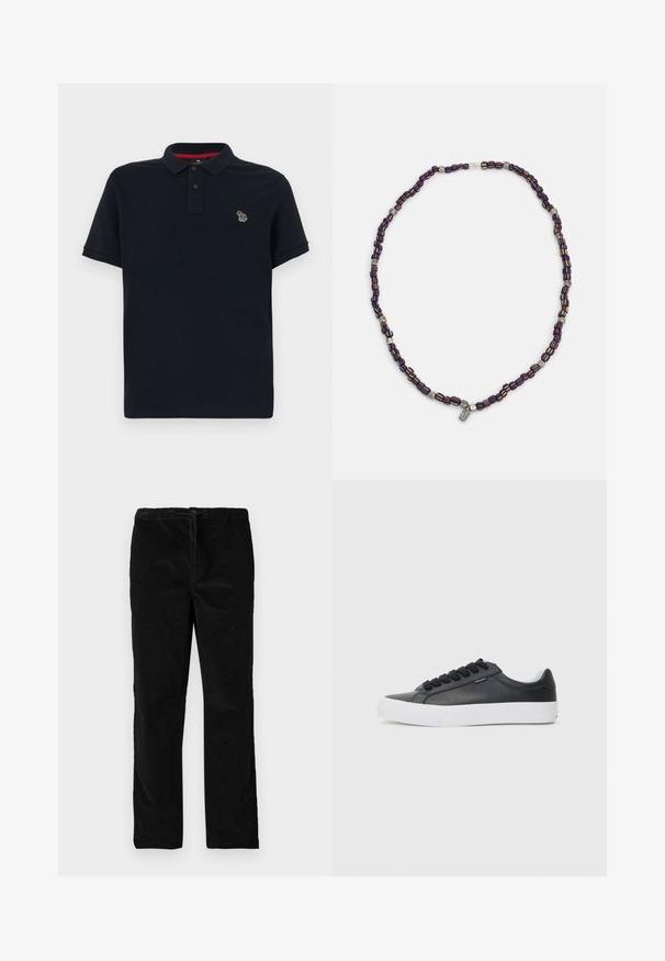 Jūras spēku polo krekliņš ar apkakli, īsām piedurknēm un divām pogām. Uz kreisā krūts ir neliels izšūts dizains, kā arī smalka tekstūra.; Melnas taisnas kājas samta bikses ar elastīgu jostasvietu un priekšējo auklu, attēlotas uz vienkārša balta fona.; Melna ādas sporta apava ar baltu gumijas zoli, apaļu purngalu un melnām auklām, ar gludu tekstūru un minimālistisku dizainu.; Daudzkrāsains pērļu kaklarota ar tumši ziliem, sarkaniem un dzelteniem pērliem, starp kuriem ir sudraba akcenti un karājoša piekariņa.