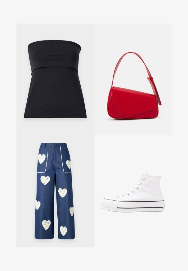 Črna brezramna majica iz mehkega bombaža z oprijeto oprsjem in razširjenim spodnjim delom. Gladka tekstura, brez vidnih vzorcev ali okraskov.; Cvetna bluzica z dolgimi puff rokavi, svetlo smetanaste barve, s purpurnimi, oranžnimi in zelenimi cvetličnimi vzorci ter klasičnim ovratnikom.; Sister Jane HEART TO HEART - Ravne kavbojke - blue denim; Beli visoki platneni športni čevelj z črnim gumijastim podplatom, sprednjim gumijastim zaščitnikom za prste in šestimi luknjicami za vezalke, ki se ponaša s preprostim, minimalističnim dizajnom.; Rdeča usnjena torba z angularnim, geometrijskim dizajnom. Ima en samostoječ nastavljiv ročaj in pokrov, zaprt z zapiranjem, ki je okrašen s šivi.