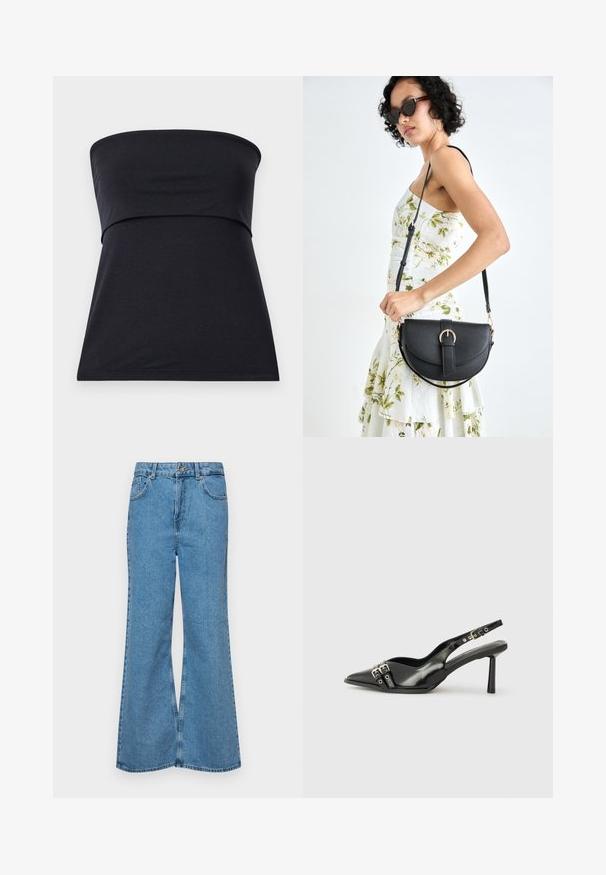 Zwarte strapless top van zacht katoen met een aansluitende body en een uitlopende onderkant. Gladde textuur, geen zichtbare patronen of versieringen.; Lichtblauwe flared jeans van denim, met een hoge taille, vijf zakken en een enkele knoopsluiting. Zachte textuur met een vervaagde afwerking.; Zwarte gepolijste leren slingback schoenen met een puntige neus, enkelbandjes met zilveren gespen en hardware, en een slanke hak.; Zwarte leren handtas met een gebogen vorm, afneembare schouderband en gouden hardware. De tas heeft een klep met een gespsluiting.