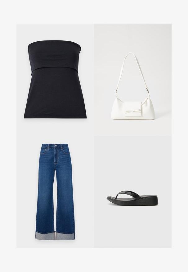Svart stroppeløs topp laget av myk bomull med en tettsittende liv og utvidet nedre del. Jevn tekstur, ingen synlige mønstre eller dekorasjoner.; Abercrombie & Fitch HEM 90S  RELAXED  - Jeans relaxed fit - dark blue denim; Svart flip-flop med gummistroppar och texturert fotseng. Har en liten plattform og formet design for komfort. Merkenavnet er preget.; Hvit syntetisk håndveske med trekantet form, flat klaff foran og sløyfe detaljer, justerbar stropp, glatt tekstur og minimalistisk design.