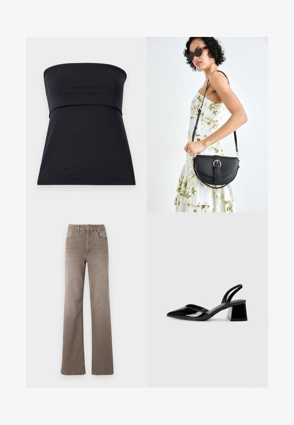 Black strapless top made of soft cotton with a fitted bodice and flared lower section. Smooth texture, no visible patterns or embellishments.; Brown high-waist straight-leg jeans with front button, belt loops, and classic five-pocket design on a white background.; Black patent leather slingback heels with a pointed toe and a geometric block heel. Features a sleek, minimal design and smooth texture.; Black leather handbag with a curved shape, detachable strap, and gold hardware. The bag features a flap with a buckle detail.