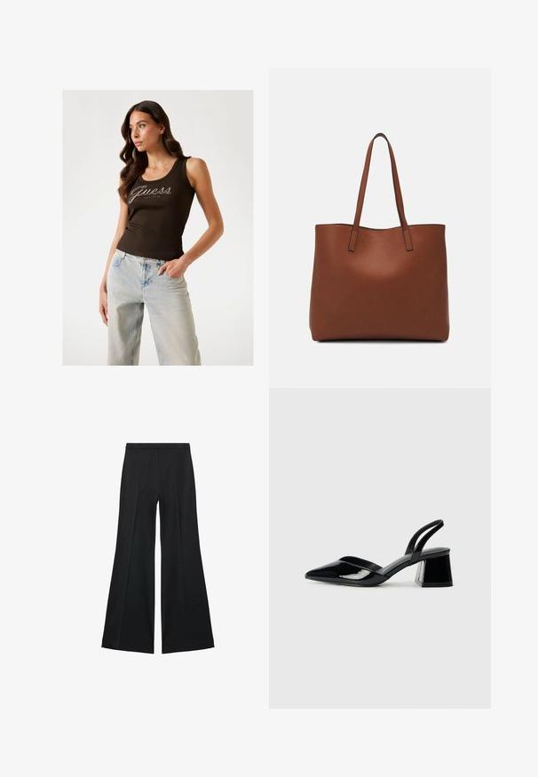 Brun ribbet tanktop med "Guess" logo i sølv pynten, parret med lyseblå bredbenede jeans.; Sorte brede bukser med en glat tekstur, der har fremadrettede folder og en skræddersyet design. Stofferne er lette og flerdimensionelle.; Sorte patentlæder slingback hæle med spids tå og en geometrisk blok hæl. Har et elegant, minimalistisk design og en glat tekstur.; Brun læder tote taske med en glat overflade, åben topdesign og to skulderremme. Har minimal syning og ingen synlig hardware.