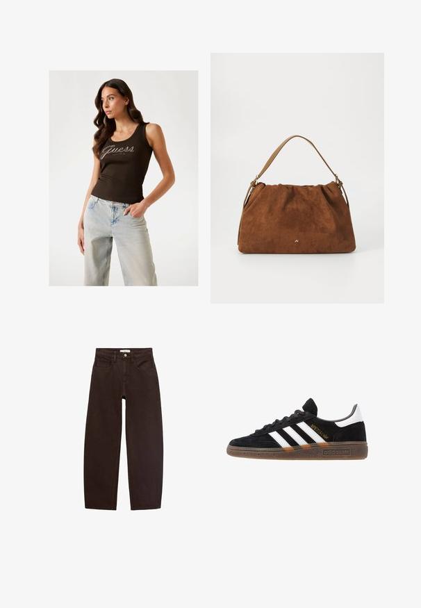 Brown ribbed tank top with "Guess" logo in silver embellishments, paired with light blue wide-leg jeans.; Brown denim jeans with a relaxed fit, featuring five pockets, belt loops, and a classic zip fly. Smooth texture and straight leg design.; Black Adidas sneaker with white stripes, gold "Spezial" text, gum sole, and white heel tab, shown in profile view.; Brown suede handbag with a gathered design, featuring a single tan leather strap and a subtle gold logo detail on the front.
