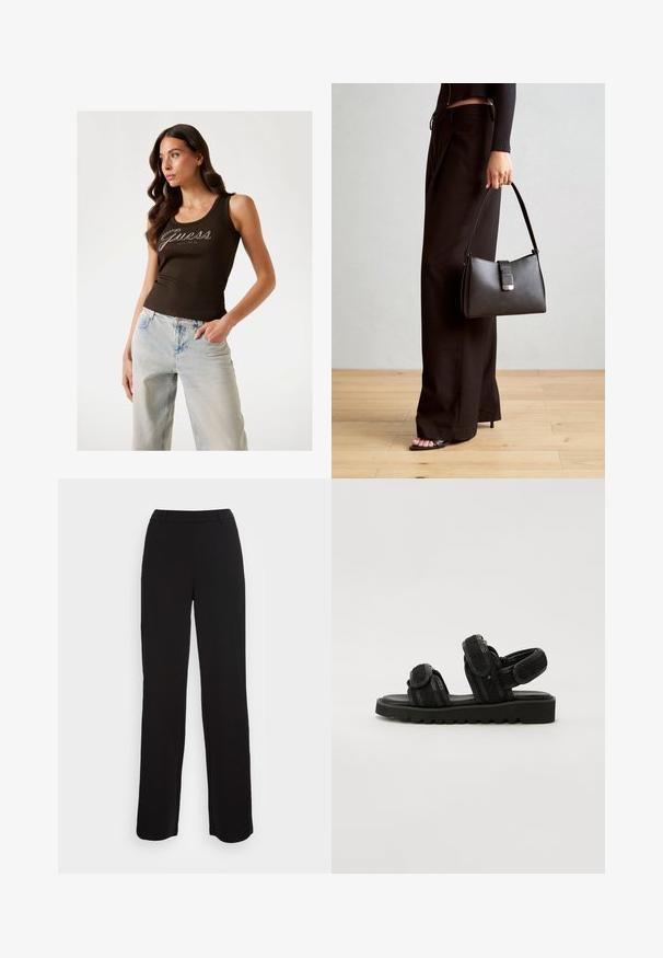 Hnedý rebrovaný top s nápisom "Guess" v strieborných zdobených písmenách, skombinovaný so svetlomodrými širokými džínami.; Čierne nohavice so strihom s rovnými nohavicami, hladkou textúrou a priliehavým pásom. Obsahujú predné vrecká a minimálne švy.; Čierne sandále s hrubými, textúrovanými popruhmi a nastaviteľnými uzávermi. Majú robustnú, ryhovanú podrážku pre trakciu a pohodlie.; Čierna kabelka so štruktúrovaným tvarom, hladkou textúrou a kovovou sponou. V kombinácii so širokými čiernymi nohavicami a sandálmi s otvorenou špičkou na drevenej podlahe.