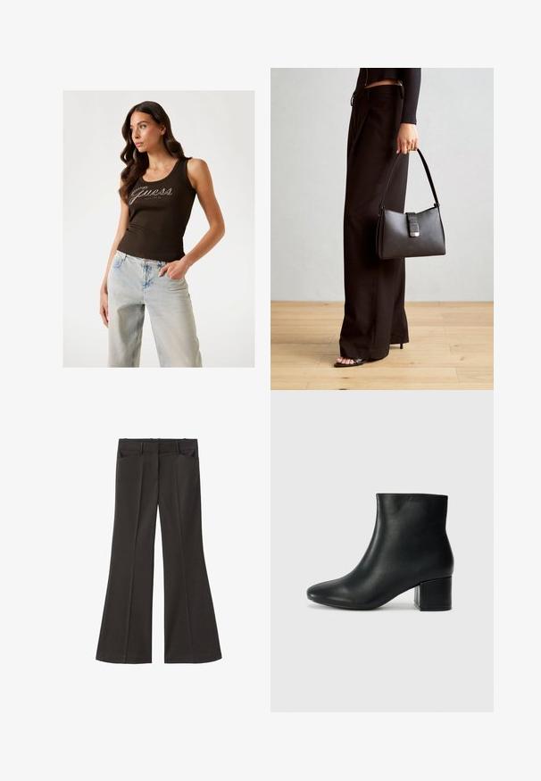 Brun ribbet tanktop med "Guess" logo i sølv pynten, parret med lyseblå bredbenede jeans.; Sorte flagrende bukser med høj talje; har to forlommer og en glat stofstruktur. Egnet til forskellige anledninger.; Sorte læder ankelstøvler med spids tå og en kraftig hæl. Glat tekstur med minimale detaljer og et slankt, tætsiddende design.; Sort håndtaske med struktureret form, glat overflade og metalspænde. Sammen med brede sorte bukser og sandaler med åben tå på trægulv.