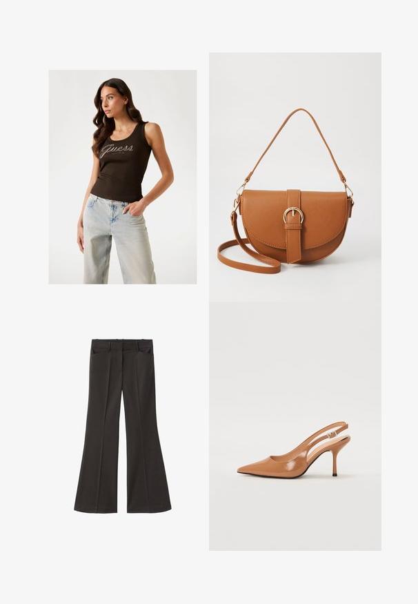 Brun ribbet tanktop med "Guess" logo i sølv pynten, parret med lyseblå bredbenede jeans.; Sorte flagrende bukser med høj talje; har to forlommer og en glat stofstruktur. Egnet til forskellige anledninger.; Spids tå slingback hæl i et glat, blankt tan materiale. Har et buet udskæring design og en slank stiletto hæl. Sølv spænde detalje.; Brun læder crossbody taske med en buet form, guldfarvet hardware og en spændeaccent. Har en aftagelig skulderrem.